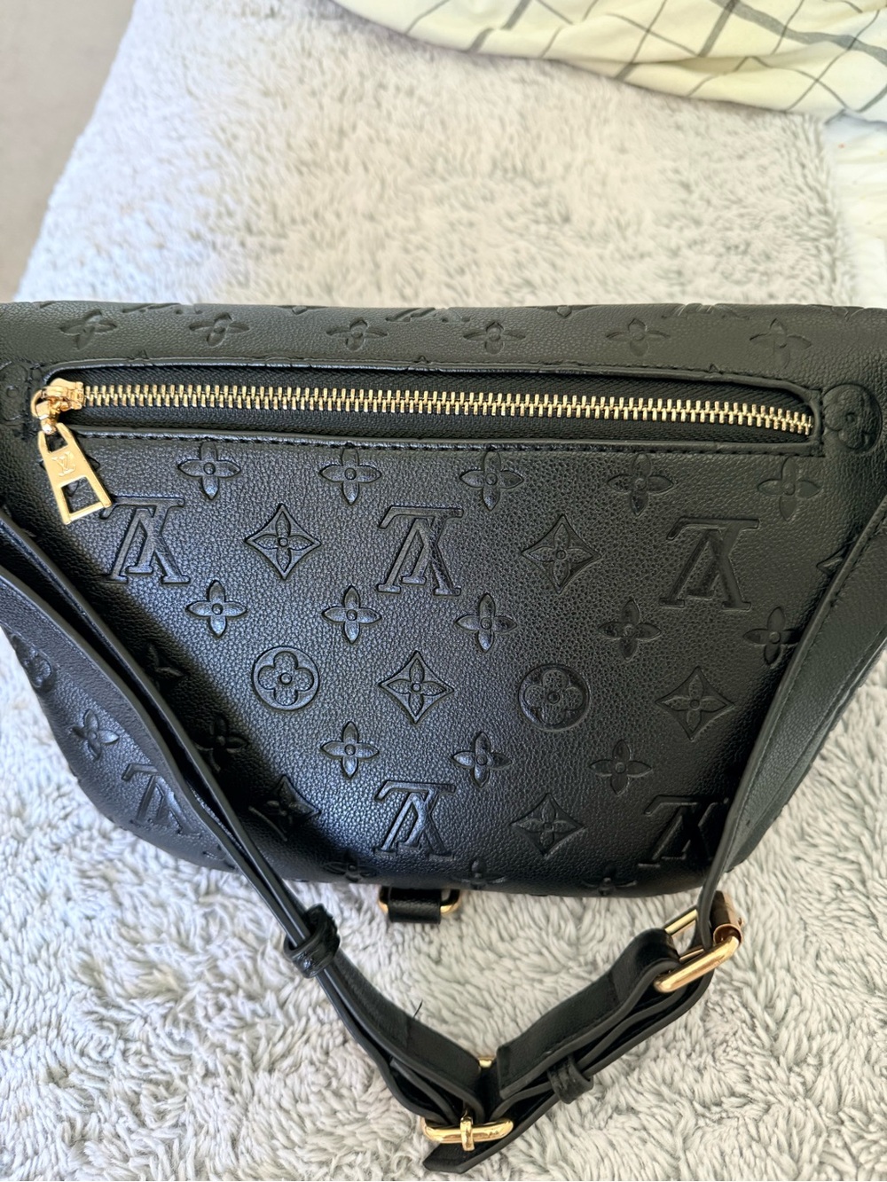 Luxe Designer Inspired Black Embossed Monogram Leather Bumbag - Picture 4 of 7